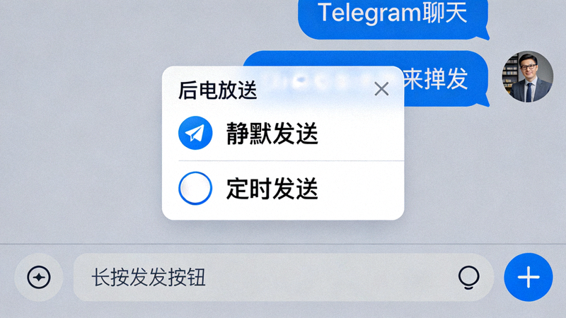 长按Telegram发送按钮后弹出的菜单，显示‘静默发送’和‘定时发送’选项