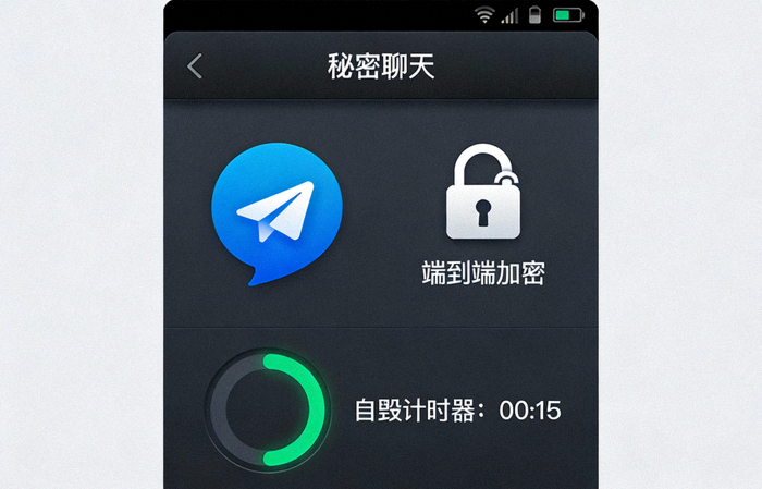 Telegram秘密聊天界面，突出显示端到端加密锁和会话自毁计时器