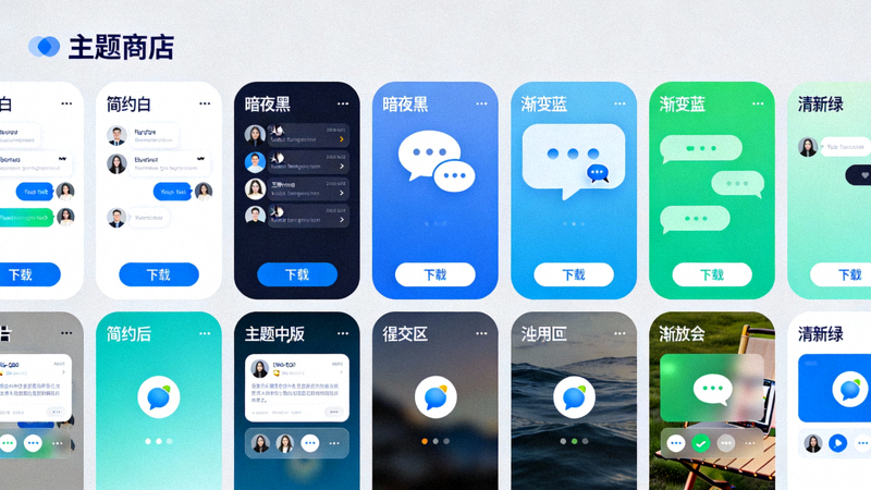 Telegram中文版在线主题商店界面展示，显示多种风格的主题预览