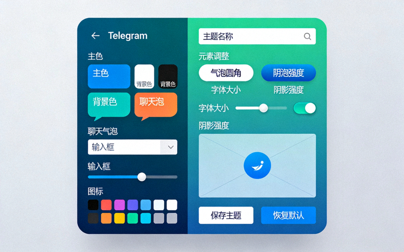 Telegram中文版自定义主题编辑器界面，展示颜色选择与元素调整选项
