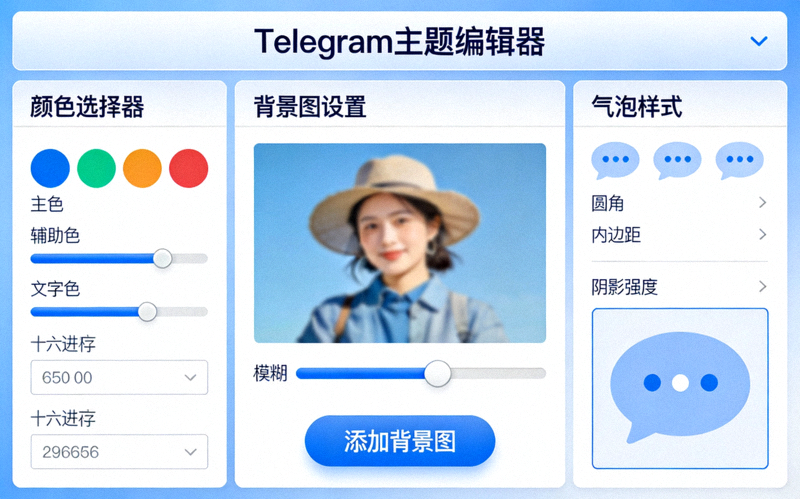 Telegram主题编辑器深度截图，展示颜色选择器、背景图设置、气泡样式等详细选项