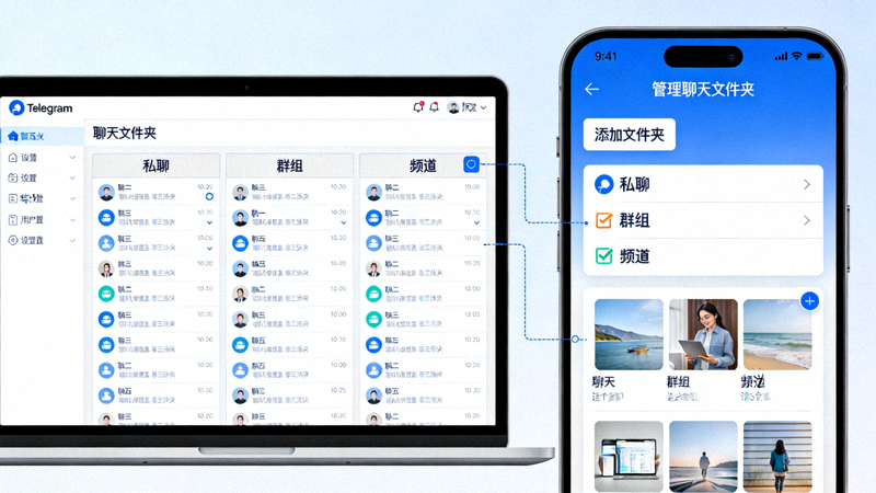 Telegram桌面版与移动端聊天文件夹设置界面示意图，展示如何分类私聊、群组和频道
