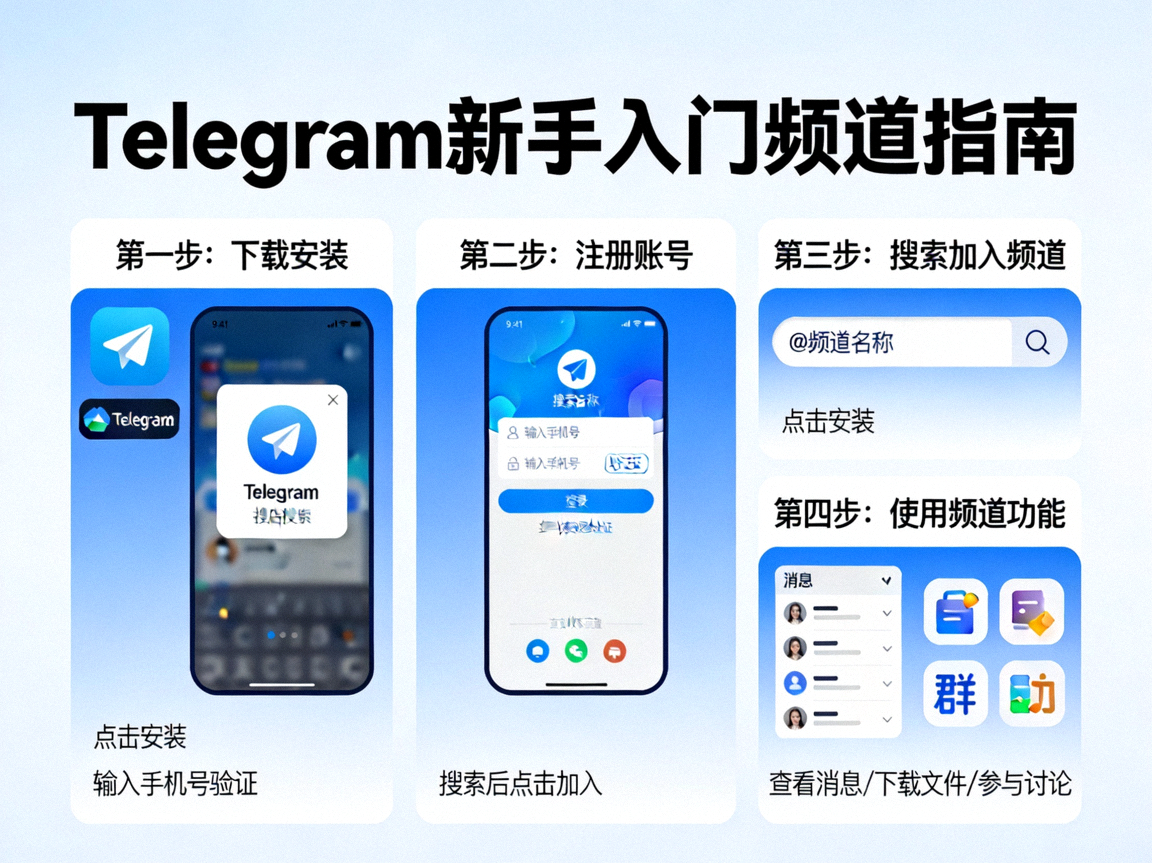 新手在Telegram中搜索和加入频道的界面操作示意图