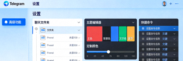 展示Telegram高级功能如聊天文件夹、主题编辑器和快捷命令设置的界面截图