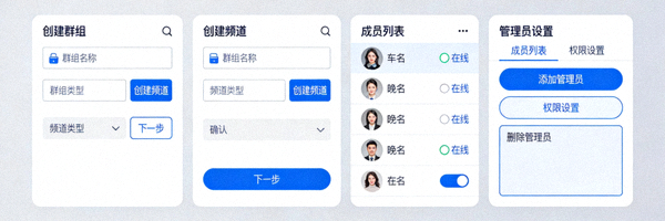 展示Telegram群组与频道的创建界面、成员列表和管理员设置面板
